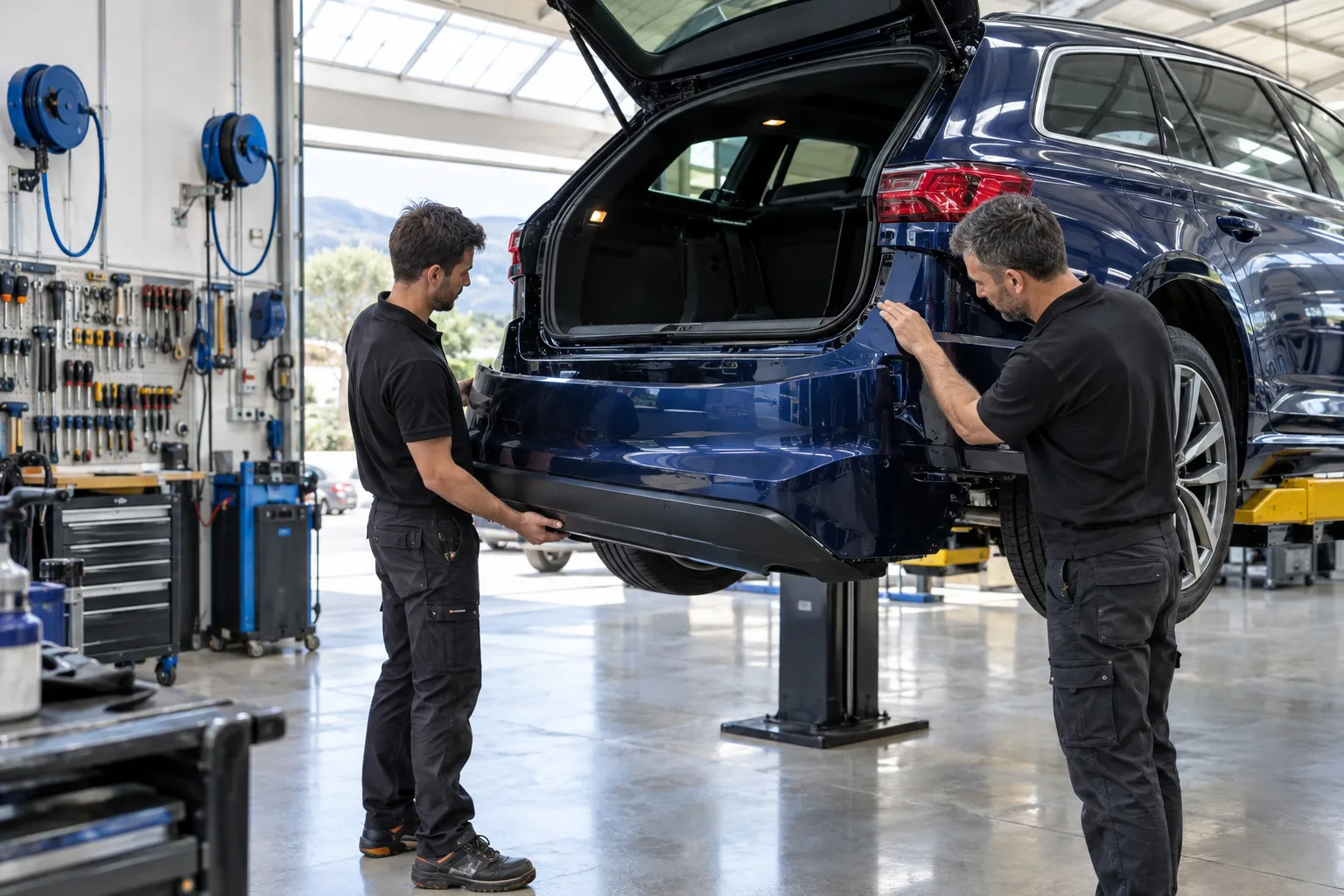 Intérieur lumineux d'un atelier de carrosserie : une voiture grise sur un pont élévateur et un carrossier de dos, en combinaison, avec la lumière du sud par la porte ouverte